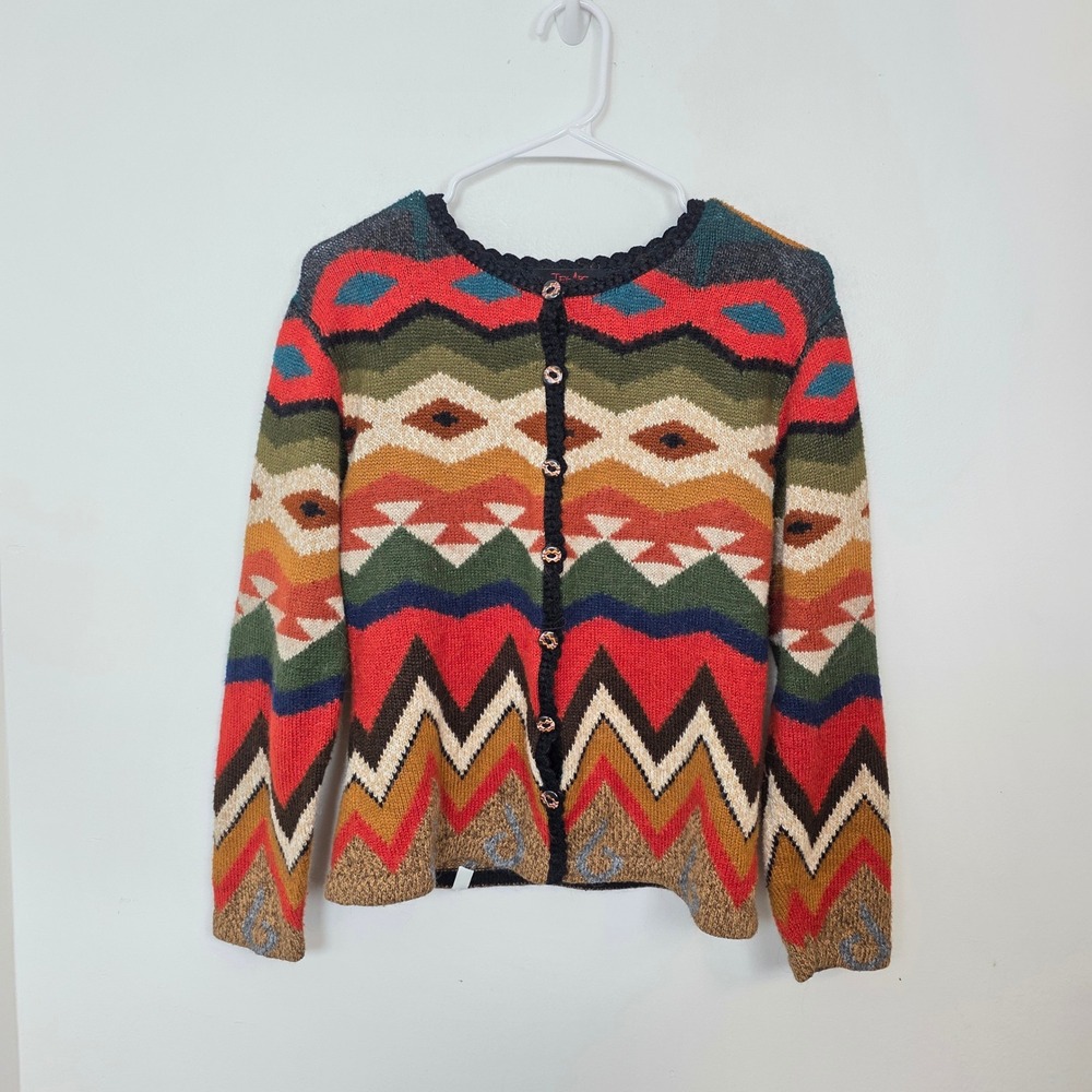 Tey-Art Peru Multi Handmade Alpaca Wool Geometric Artsy Cardigan Sweater Size L